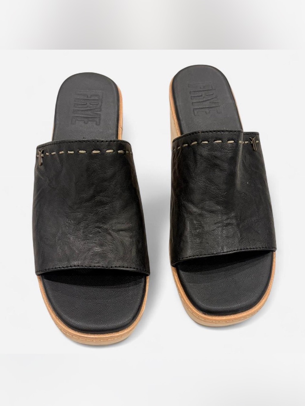 Frye Black Leather Open-Toe Slide Sandals with Tan Midsole
